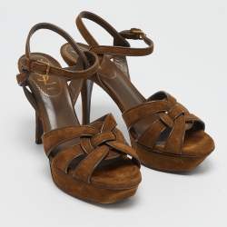 مملوكة مسبقًا Yves Saint Laurent Brown Suede Tribute Platform Sandals Size 37