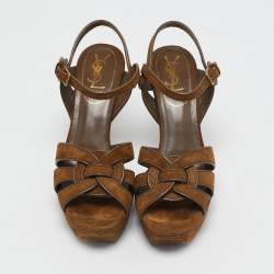 مملوكة مسبقًا Yves Saint Laurent Brown Suede Tribute Platform Sandals Size 37