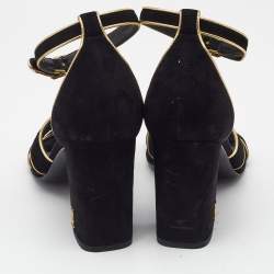 Pre Owned Saint Laurent Black/Gold Suede and Leather Ankle Strap Sandals Size 37.5