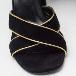 Pre Owned Saint Laurent Black/Gold Suede and Leather Ankle Strap Sandals Size 37.5