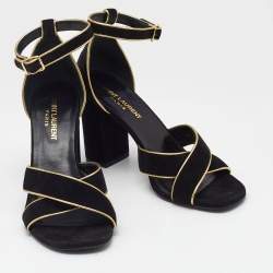 Pre Owned Saint Laurent Black/Gold Suede and Leather Ankle Strap Sandals Size 37.5