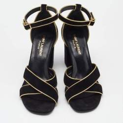 Pre Owned Saint Laurent Black/Gold Suede and Leather Ankle Strap Sandals Size 37.5