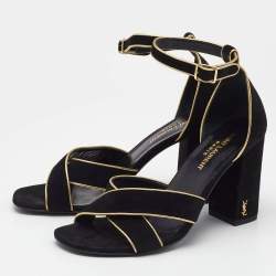 Pre Owned Saint Laurent Black/Gold Suede and Leather Ankle Strap Sandals Size 37.5
