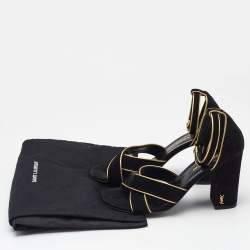Pre Owned Saint Laurent Black/Gold Suede and Leather Ankle Strap Sandals Size 37.5