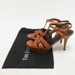 Saint Laurent Brown Leather Tribute Platform Sandals Size 39.5