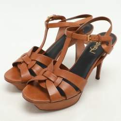Saint Laurent Brown Leather Tribute Platform Sandals Size 39.5