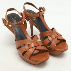 Saint Laurent Brown Leather Tribute Platform Sandals Size 39.5