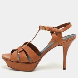 Saint Laurent Brown Leather Tribute Platform Sandals Size 39.5