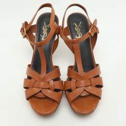 Saint Laurent Brown Leather Tribute Platform Sandals Size 39.5