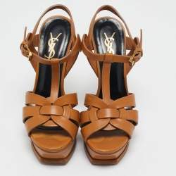 Saint Laurent Tan Leather Tribute Ankle Strap Sandals Size 35