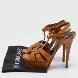 Saint Laurent Tan Leather Tribute Ankle Strap Sandals Size 35