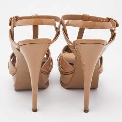 Saint Laurent Beige Patent Leather Tribute Platform Sandals Size 38.5