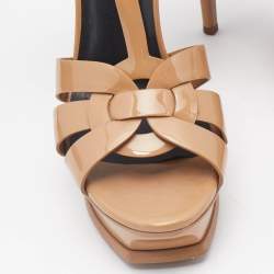 Saint Laurent Beige Patent Leather Tribute Platform Sandals Size 38.5
