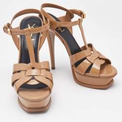 Saint Laurent Beige Patent Leather Tribute Platform Sandals Size 38.5