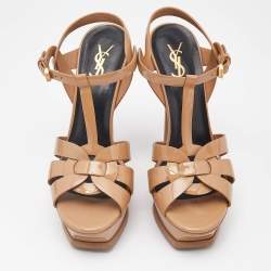 Saint Laurent Beige Patent Leather Tribute Platform Sandals Size 38.5