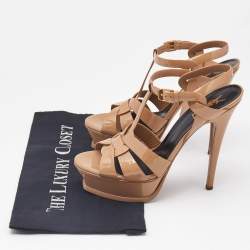 Saint Laurent Beige Patent Leather Tribute Platform Sandals Size 38.5