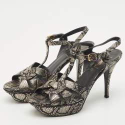 مملوكة مسبقًا Saint Laurent Gold/Black Python Embossed Leather Tribute Platform Sandals Size 38
