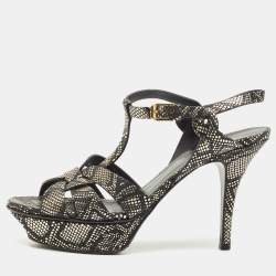 مملوكة مسبقًا Saint Laurent Gold/Black Python Embossed Leather Tribute Platform Sandals Size 38