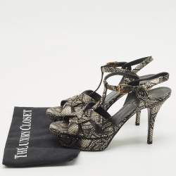 مملوكة مسبقًا Saint Laurent Gold/Black Python Embossed Leather Tribute Platform Sandals Size 38