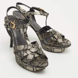 مملوكة مسبقًا Saint Laurent Gold/Black Python Embossed Leather Tribute Platform Sandals Size 38