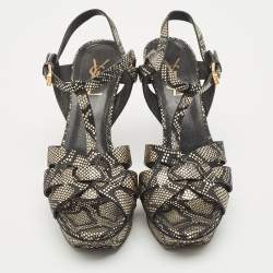 مملوكة مسبقًا Saint Laurent Gold/Black Python Embossed Leather Tribute Platform Sandals Size 38