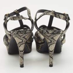 مملوكة مسبقًا Saint Laurent Gold/Black Python Embossed Leather Tribute Platform Sandals Size 38