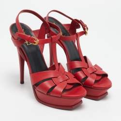 Pre Owned Saint Laurent Red Leather Tribute Ankle Strap Sandals Size 41