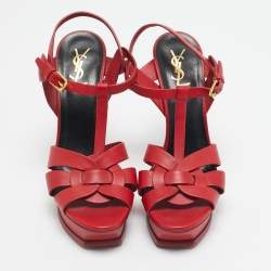 Pre Owned Saint Laurent Red Leather Tribute Ankle Strap Sandals Size 41