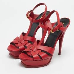 Pre Owned Saint Laurent Red Leather Tribute Ankle Strap Sandals Size 41