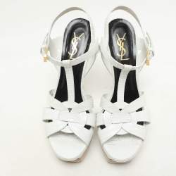 Saint Laurent White Lizard Embossed Leather Tribute Platform Sandals Size 39