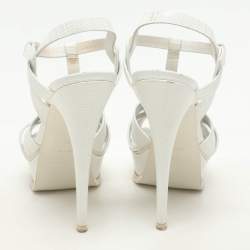 Saint Laurent White Lizard Embossed Leather Tribute Platform Sandals Size 39