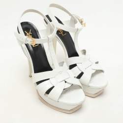 Saint Laurent White Lizard Embossed Leather Tribute Platform Sandals Size 39