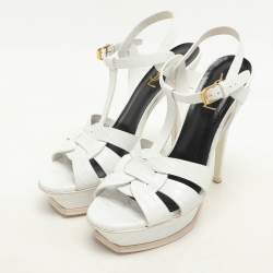 Saint Laurent White Lizard Embossed Leather Tribute Platform Sandals Size 39