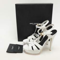 Saint Laurent White Lizard Embossed Leather Tribute Platform Sandals Size 39