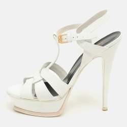 Saint Laurent White Lizard Embossed Leather Tribute Platform Sandals Size 39