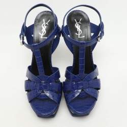 Saint Laurent Blue Croc Embossed Leather Tribute Platform Sandals Size 40