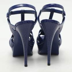 Saint Laurent Blue Croc Embossed Leather Tribute Platform Sandals Size 40
