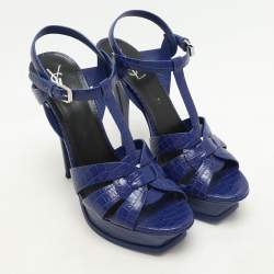 Saint Laurent Blue Croc Embossed Leather Tribute Platform Sandals Size 40