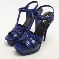 Saint Laurent Blue Croc Embossed Leather Tribute Platform Sandals Size 40