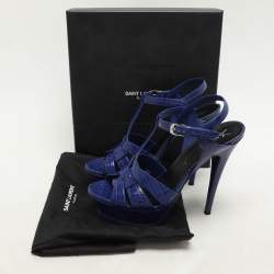 Saint Laurent Blue Croc Embossed Leather Tribute Platform Sandals Size 40