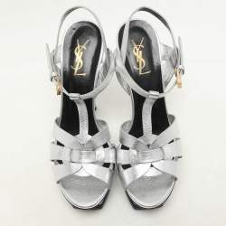 Saint Laurent Silver Leather Tribute Platform Sandals Size 39
