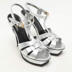 Saint Laurent Silver Leather Tribute Platform Sandals Size 39