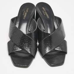 Saint Laurent Black Texture Leather Loulou Criss Cross Mules Size 41