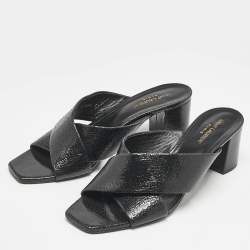 Saint Laurent Black Texture Leather Loulou Criss Cross Mules Size 41