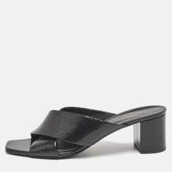 Saint Laurent Black Texture Leather Loulou Criss Cross Mules Size 41