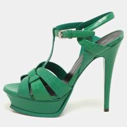 Saint Laurent Green Croc Embossed Leather Tribute Platform Sandals Size 39