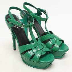 Saint Laurent Green Croc Embossed Leather Tribute Platform Sandals Size 39