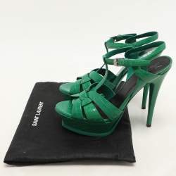 Saint Laurent Green Croc Embossed Leather Tribute Platform Sandals Size 39
