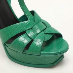 Saint Laurent Green Croc Embossed Leather Tribute Platform Sandals Size 39