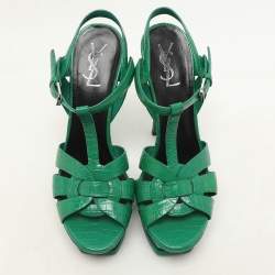 Saint Laurent Green Croc Embossed Leather Tribute Platform Sandals Size 39